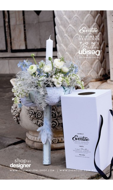 Lumanare de botez baieti cu delhinium bleu si liliac alb, 65x4cm, Glow 5